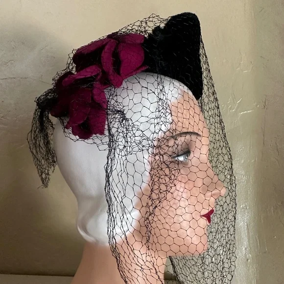 REGAL 1940's FUCHSIA FELT HAT - BLACK MUTTON TRIM AND FELT "ROSES" + FULL VEIL